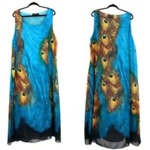 Gracila Bohemian Women Sleeveless O Neck Peacock Printed Maxi Dress Size Medium - Picture 4 of 11